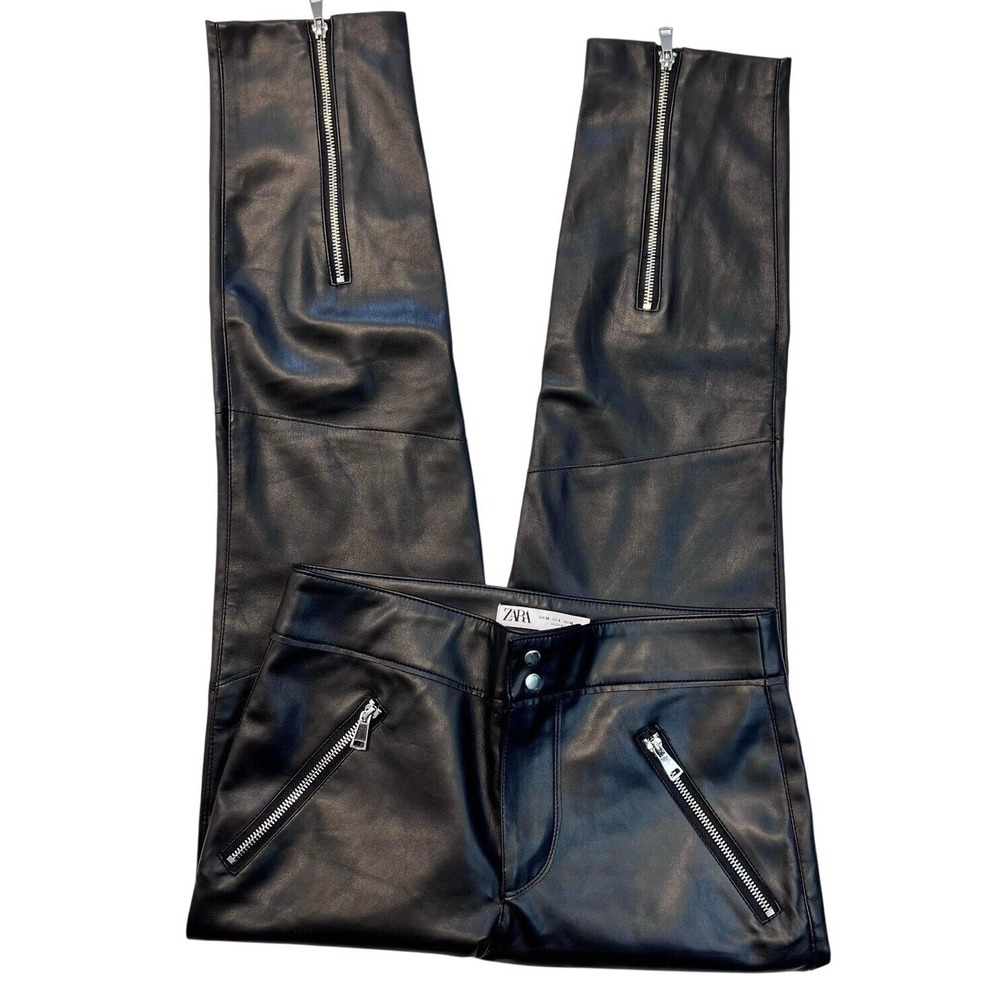 Zara Womens Faux Leather Ankle Zip Pants Black Slim Fit Size 4 Trousers‎ Edgy